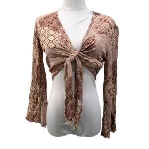 Lilyful Tie Front Crop Long Bell Sleeve Top Boho Whimsical Small Festival Fairy